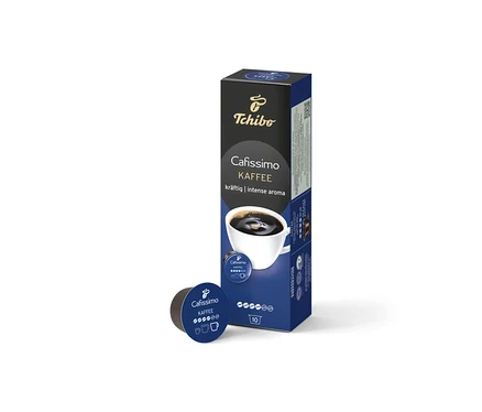 Beyaz bir arka planda bir paket Cafissimo Kahve Intense Aroma ve bir kapsül.