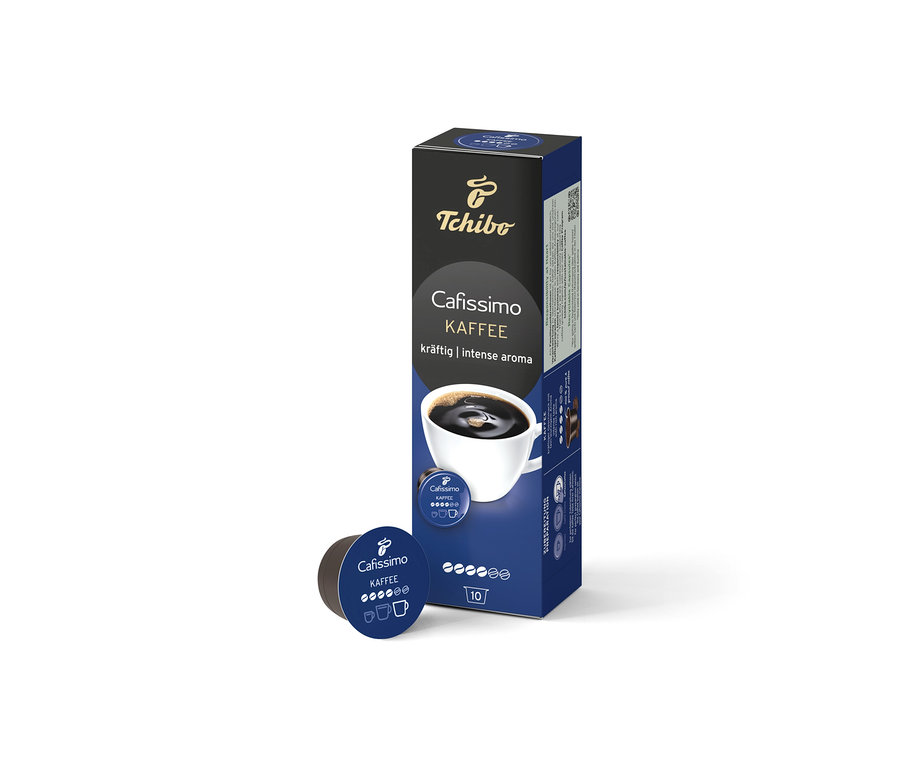 Beyaz bir arka planda bir paket Cafissimo Kahve Intense Aroma ve bir kapsül.