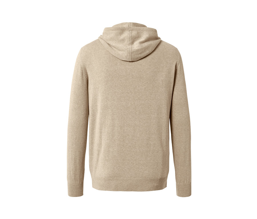 Bej rengi, ketenli örgü kapüşonlu sweatshirt'ün arka görünümü.