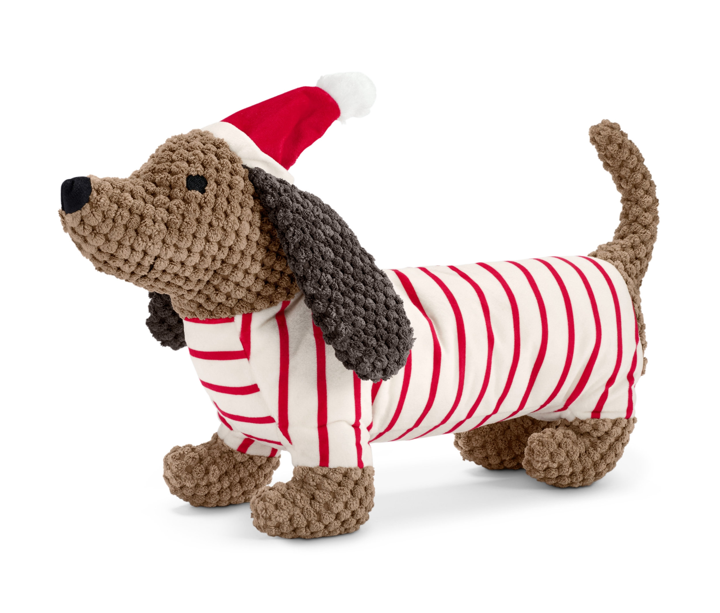Kırmızı beyaz çizgili gömlek ve kırmızı Noel Baba şapkası olan, dachshund şeklinde bir Pelüş Köpek Oyuncağı.