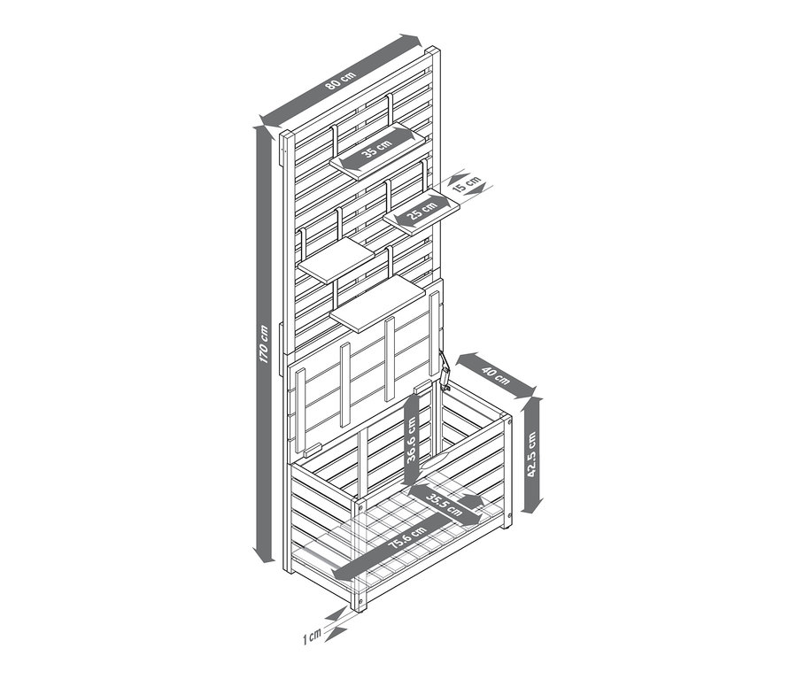 Ölçüleri ile birlikte Depolama Alanlı ve Paravanlı Balkon Bankı çizimi.