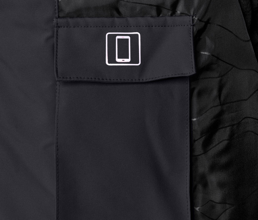 Siyah High-End Kayak Montu'nun cep ve telefon ikonu detayı.