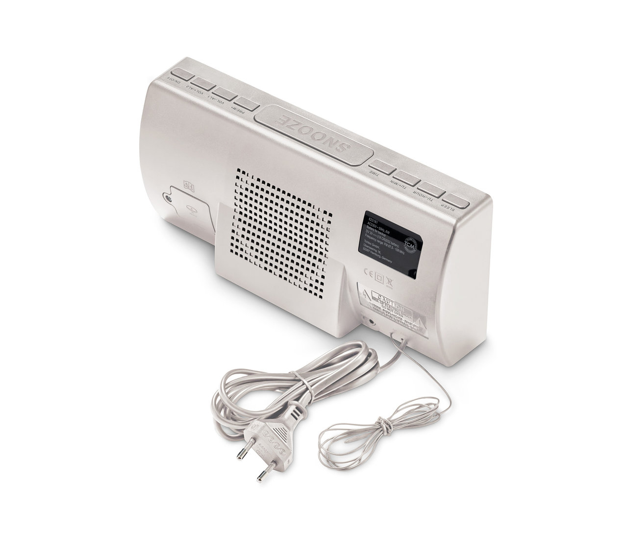 Gümüş renkli XXL Radyolu Çalar Saatin güç kablosuyla birlikte arka tarafının detayı.