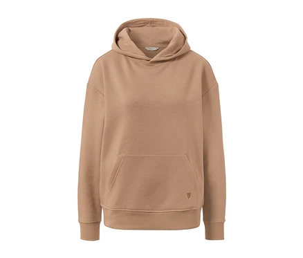Bej rengi kapüşonlu bir sweatshirt.