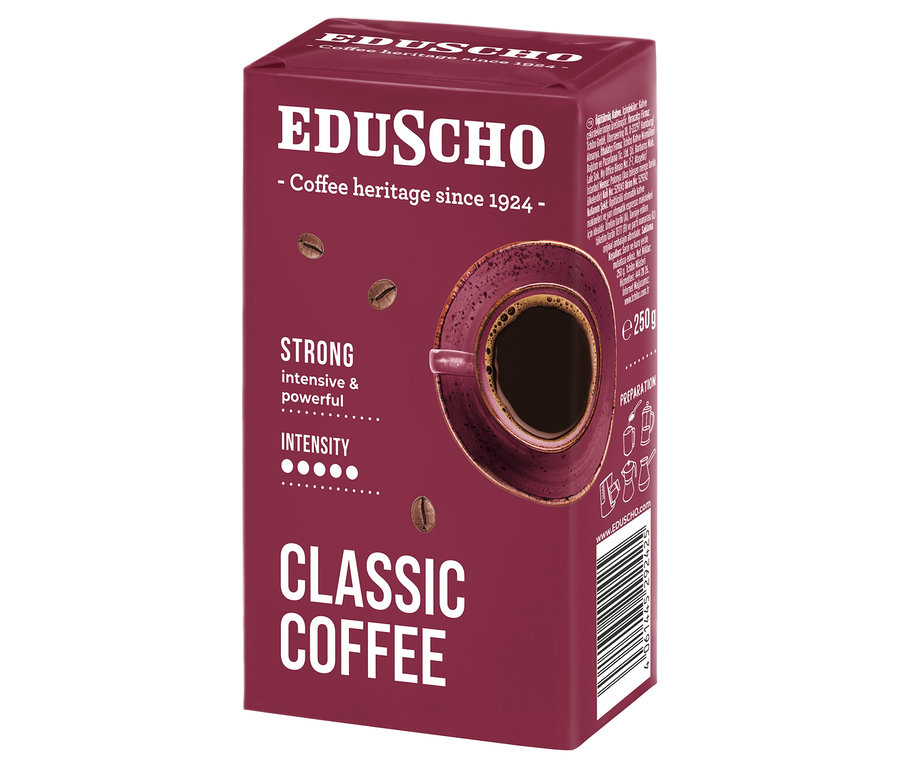 250 g ağırlığında Eduscho Classic Coffee Strong Öğütülmüş Filtre Kahve paketi.