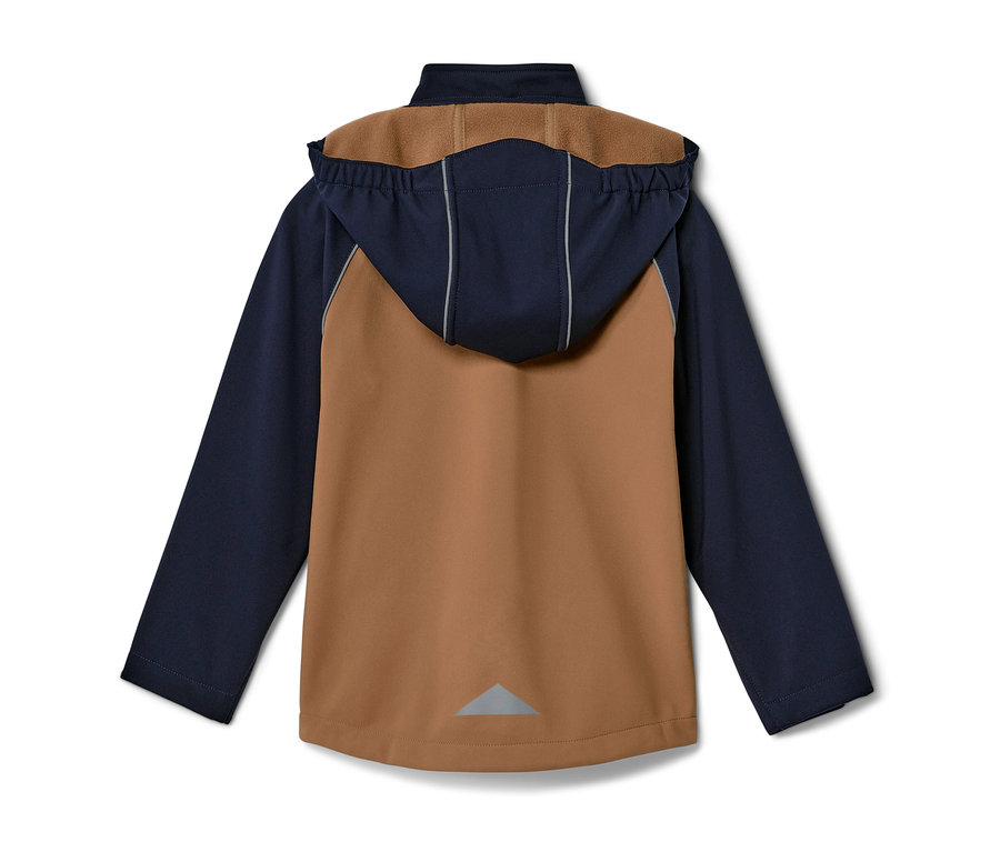 Kahverengi ve lacivert renklerde kapüşonlu bir Çocuk Softshell Montunun arka görünümü.