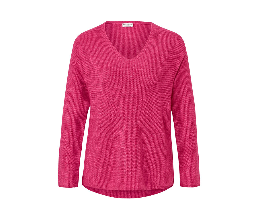 V yakalı, ahududu rengi, kalın örgü kazak.