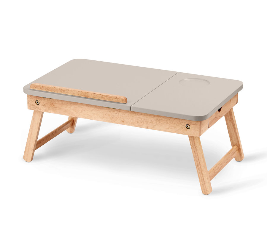 Ahşap ayaklı gri yatak masası.