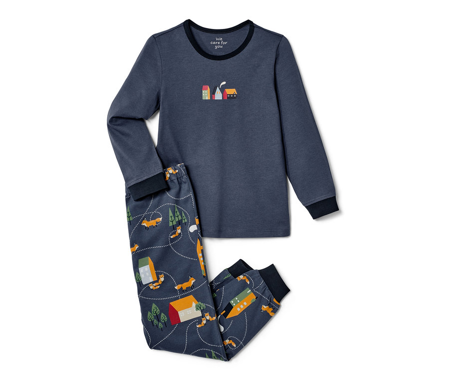 Evler ve tilkilerle süslenmiş lacivert renkli 2 adet Küçük Çocuk Pijama Takımı.