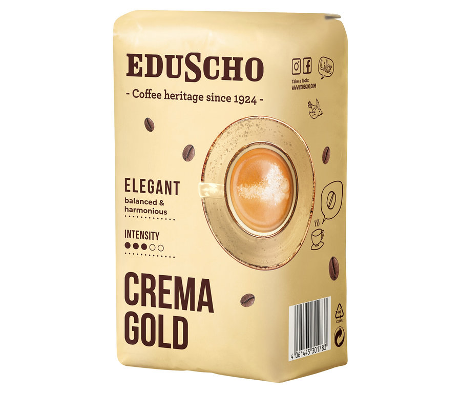Üzerinde kahve fincanı resminin bulunduğu Eduscho Crema Gold 500gWB kahve paketi.