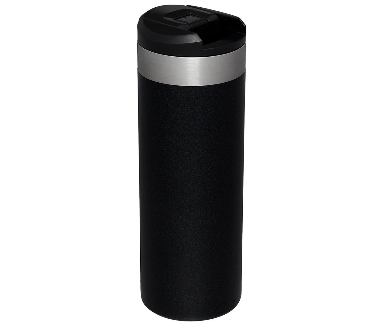 Siyah, gümüş şeritli termos.