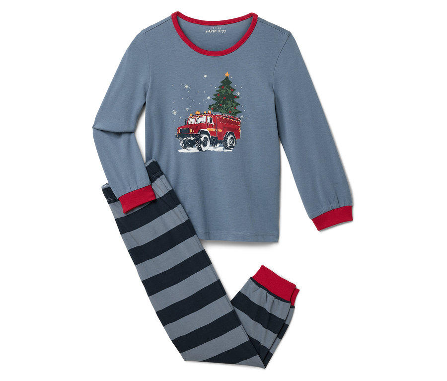 Kırmızı şeritli ve Noel ağacı olan itfaiye aracı baskılı mavi pijama.
