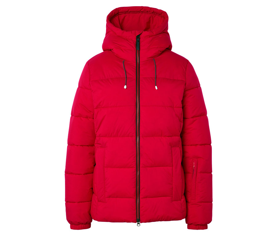 Kapüşonlu ve fermuarlı kırmızı şişme mont.