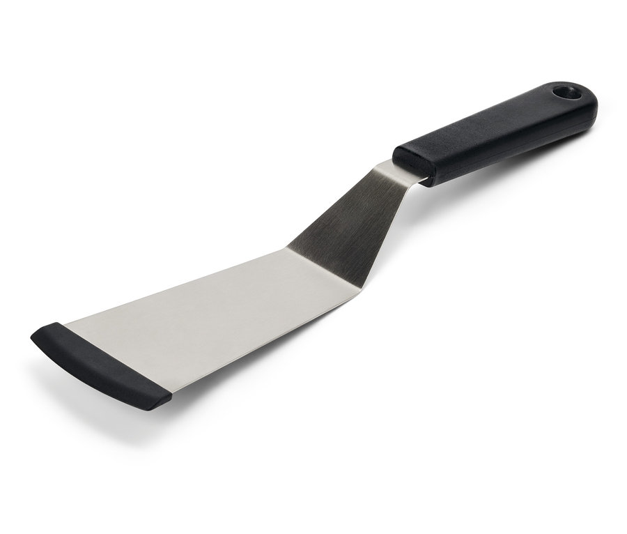 Gümüş kafalı ve siyah saplı bir spatula.