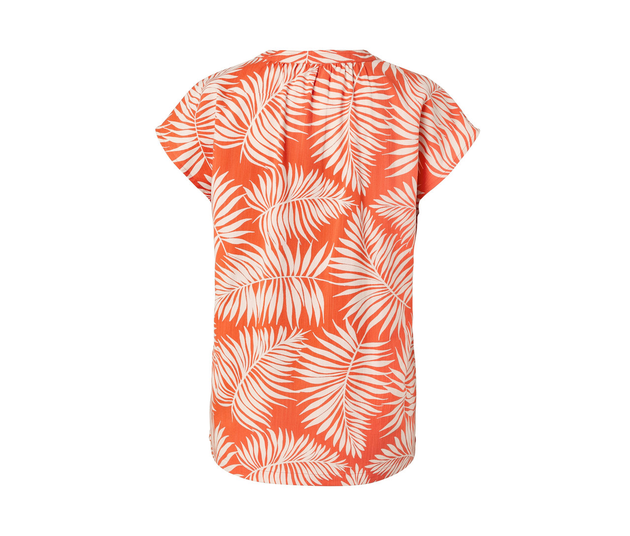 Yaprak deseni olan turuncu, kısa kollu bluz.