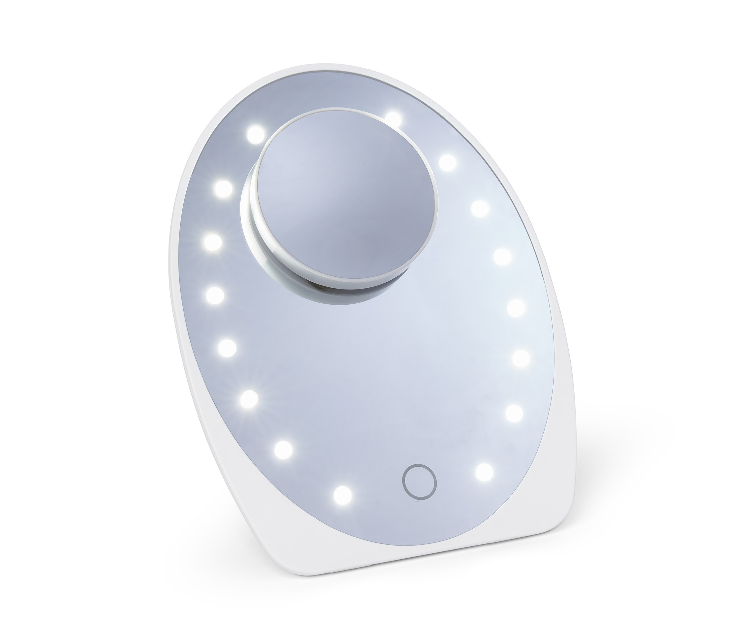 Beyaz arka plan üzerinde beyaz LED'li kozmetik aynası.