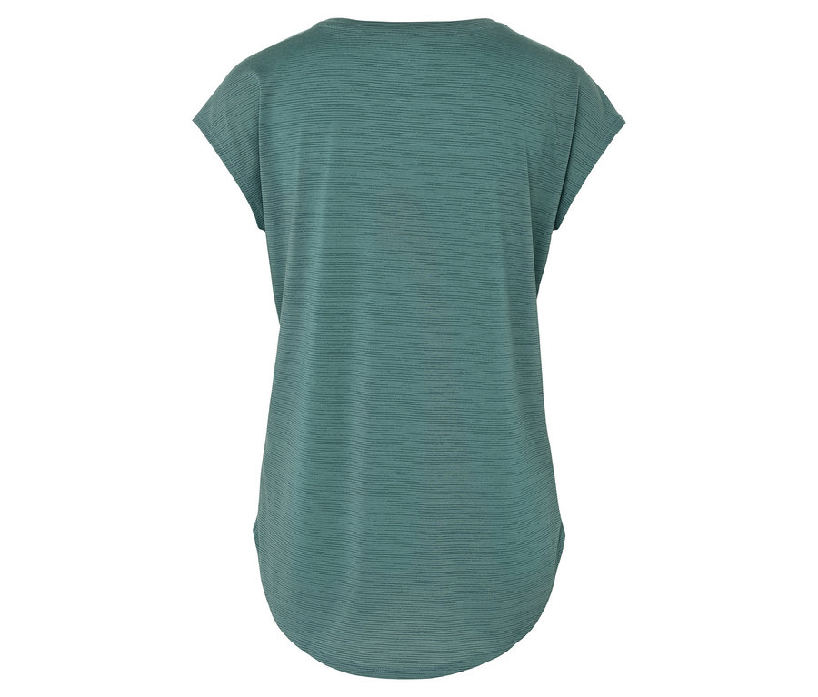 Yatay çizgili petrol rengi tişörtün arka görünümü.