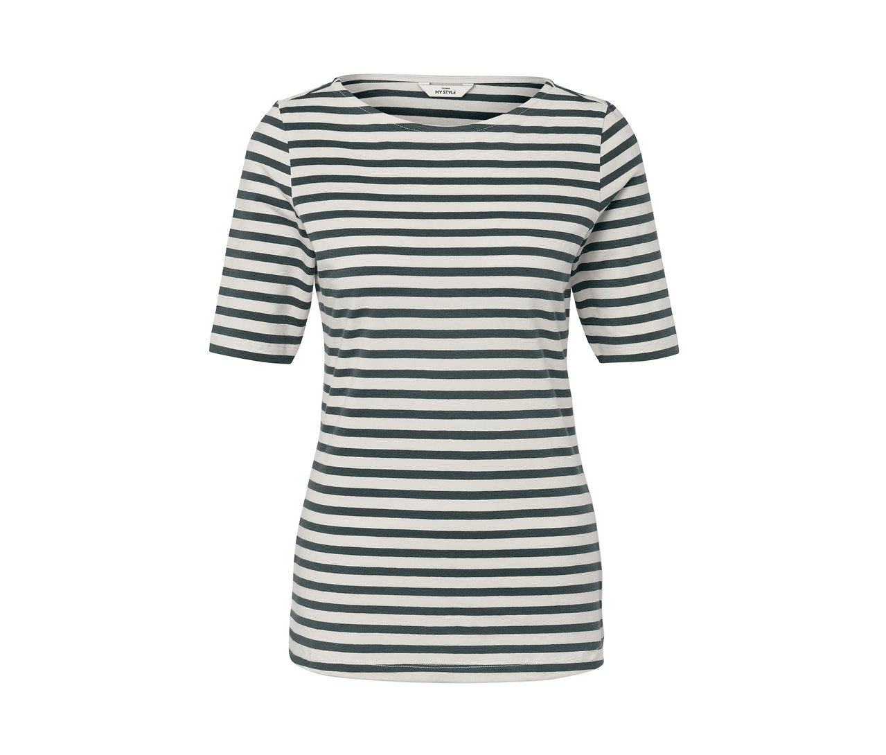 Yeşil çizgili, yarım kollu tişört.