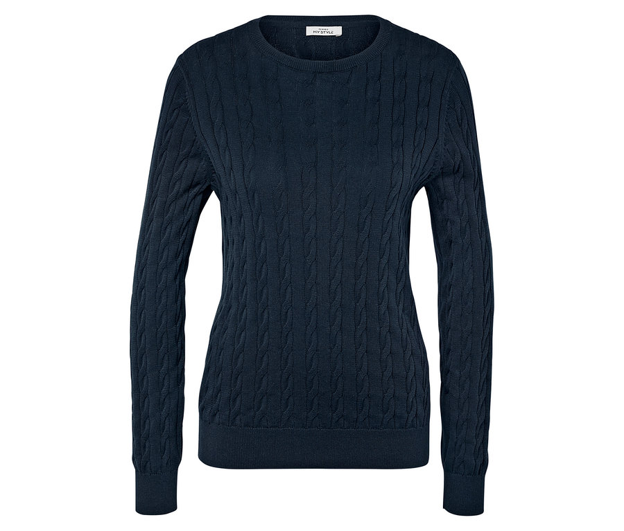 Lacivert, örgü desenli, uzun kollu kazak