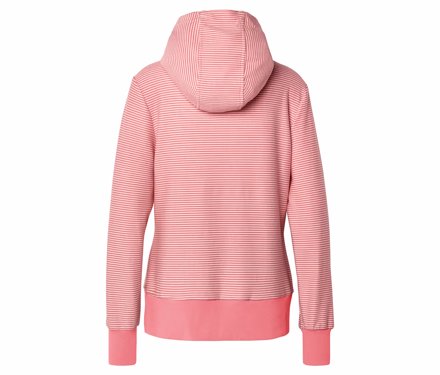 Pembe manşetli ve etekli, çizgili, pembe-beyaz kapüşonlu bir sweatshirt'ün arka görünümü.
