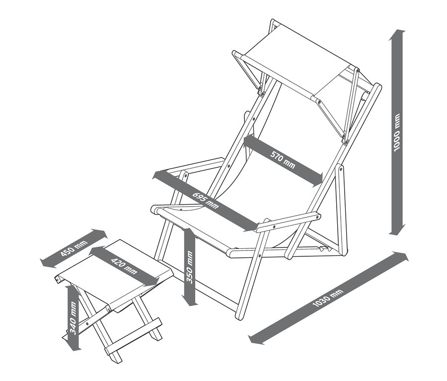 Güneşlikli ve ayaklıklı şezlongun boyutları belirtilmiş çizimi.