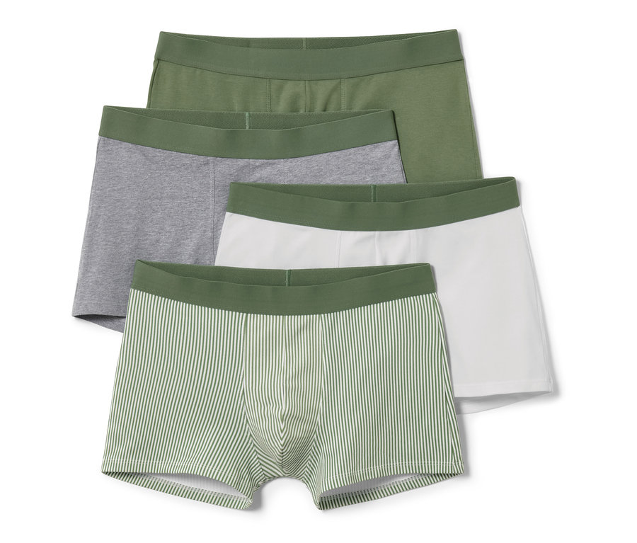 Dört adet slip boxer: zeytin yeşili, gri, beyaz ve çizgili. 