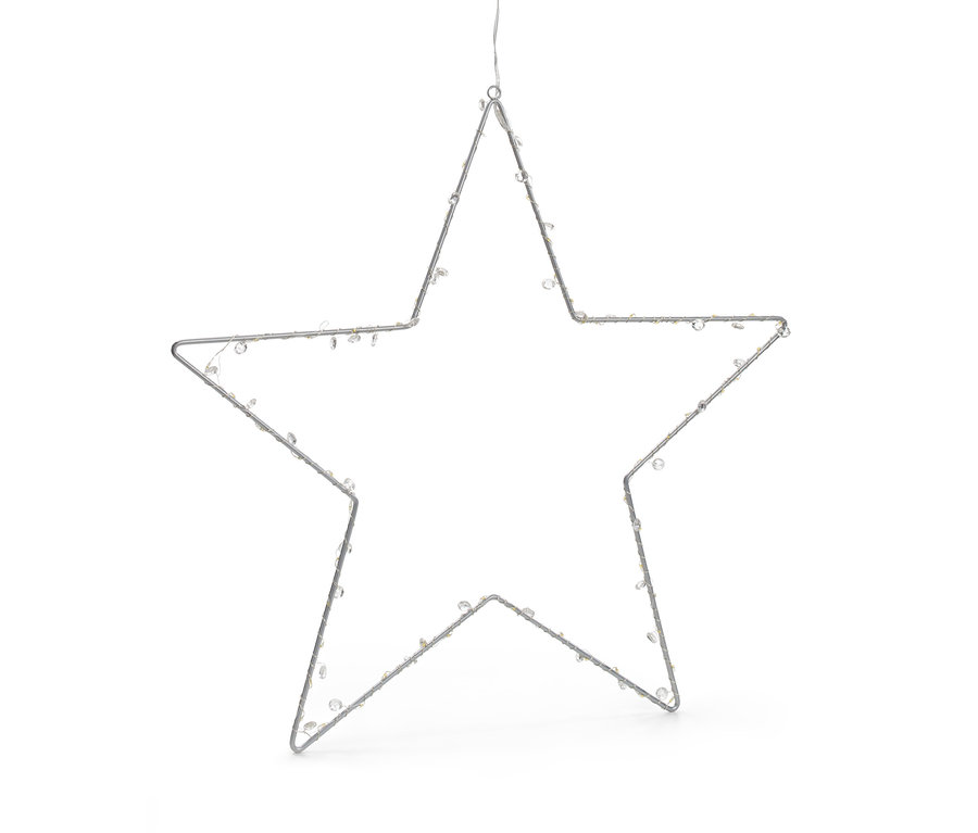 Gümüş çerçeveli ve şeffaf ışıklı büyük bir dış mekan LED yıldızı.