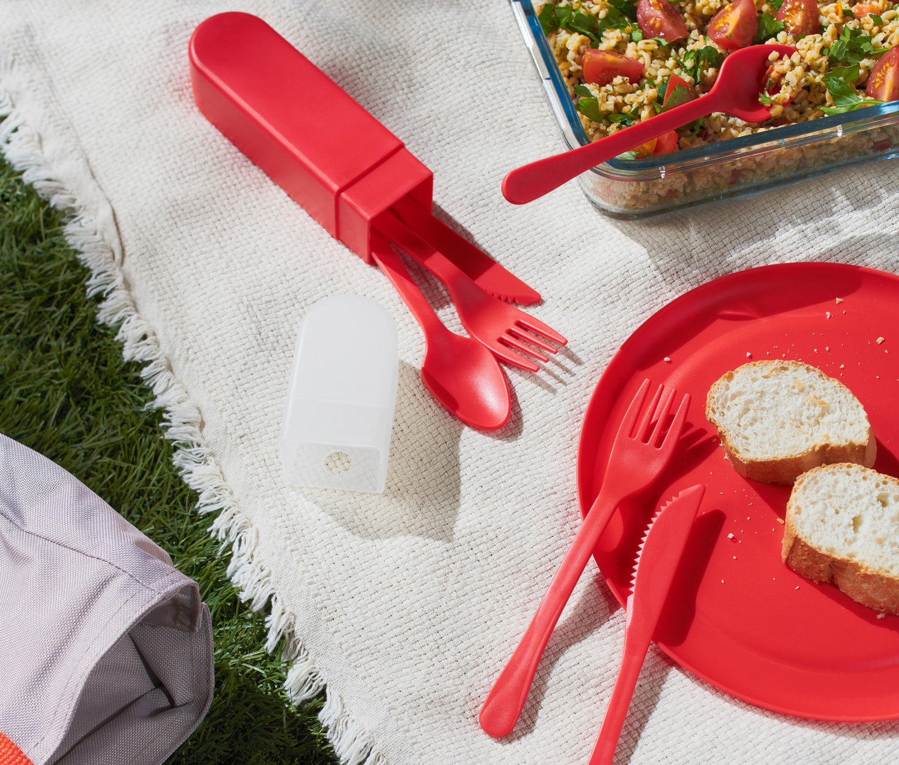 Yiyeceklerle birlikte bir battaniye üzerinde kırmızı piknik çatal bıçak takımı.