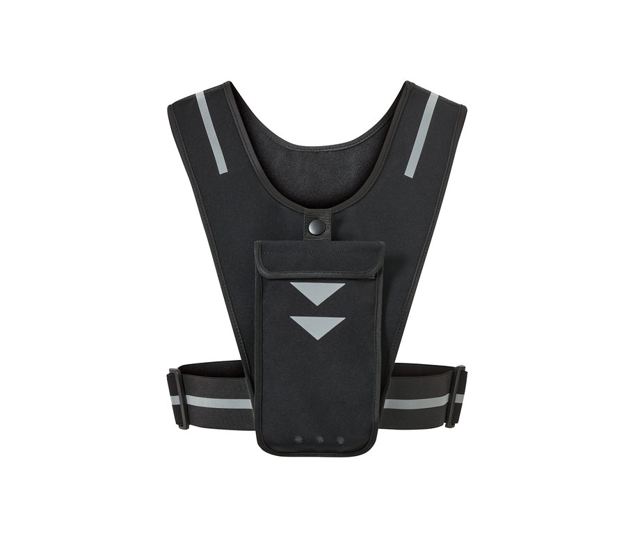 Reflektörlü siyah akıllı telefon tutuculu koşu yeleği.