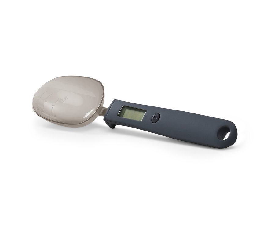 Gri saplı ve şeffaf kaşıklı dijital kaşık tartı.