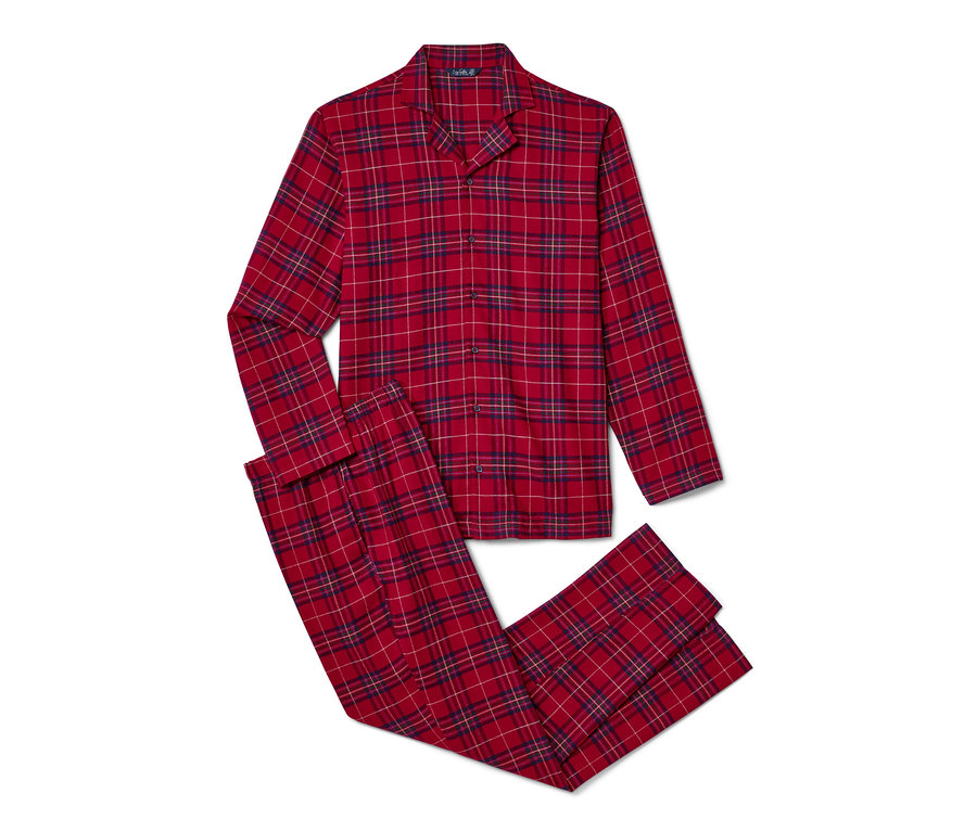 Kırmızı ekose desenli flanel pijama takımı.