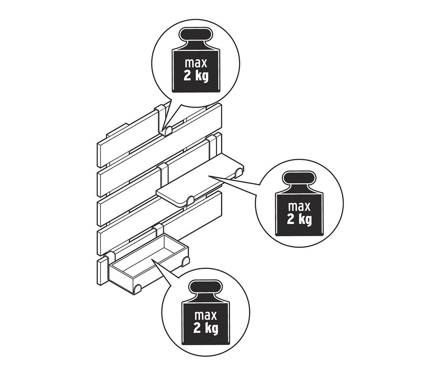 Esnek kancalı ve tabanlı duvara monte rafın 2 kg'lık maksimum ağırlık kapasitesine sahip çizimi.