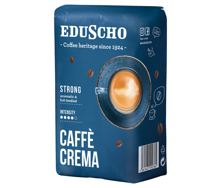 Bir paket Eduscho Caffè Crema Strong - 500 g Çekirdek Kahve.