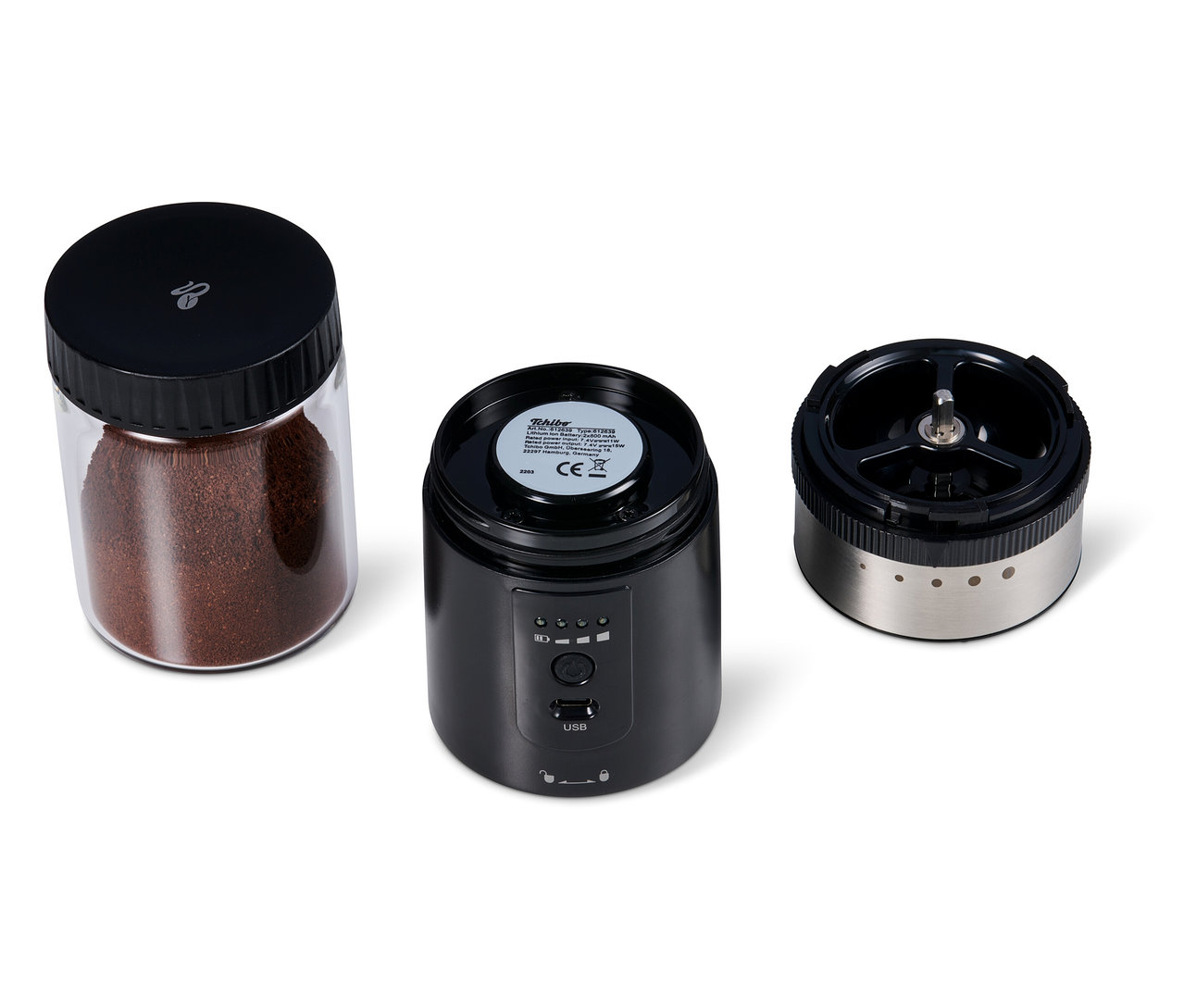 Demonte edilmiş şarjlı kahve değirmeni.