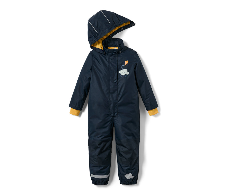 Kapüşonlu ve sarı detaylı lacivert Küçük Çocuk Yağmur Tulumu.