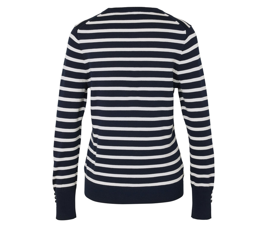 Lacivert ve beyaz çizgili, uzun kollu bir kazağın arka görünümü.