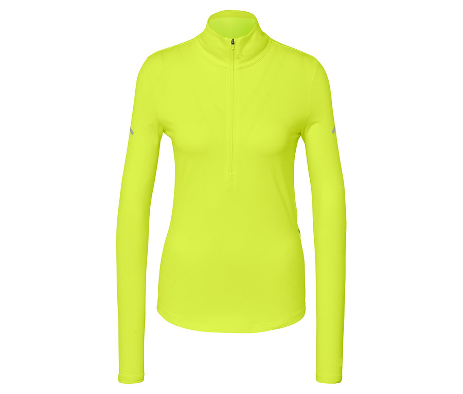 Neon yeşili, uzun kollu, kısa fermuarlı spor üstü.