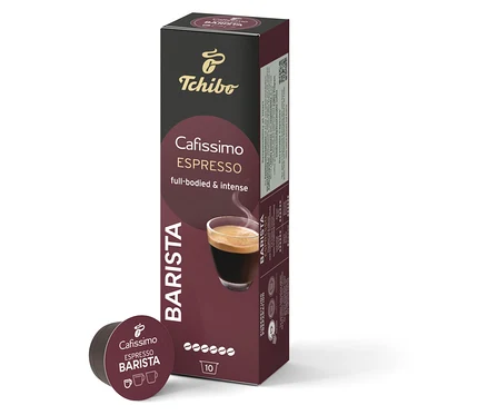 Bir paket Cafissimo Barista Edition Espresso – 10 Kapsül ve paketin yanında tek bir kapsül.