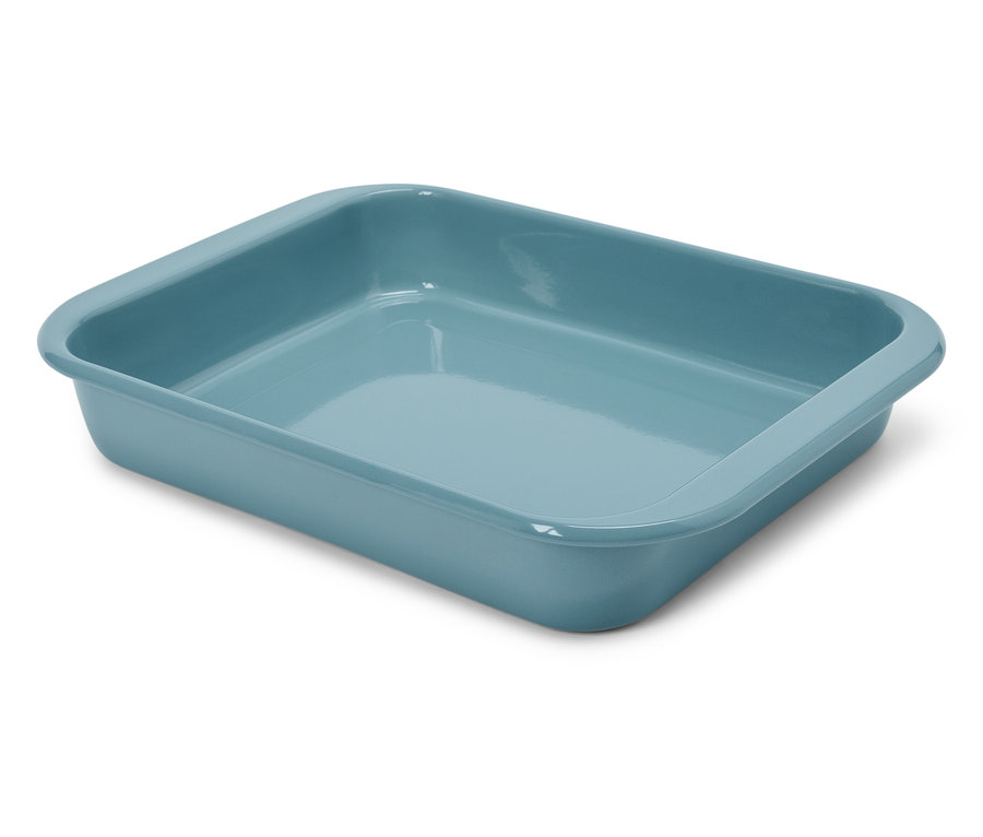 Açık mavi, dikdörtgen bir fırın tepsisi.