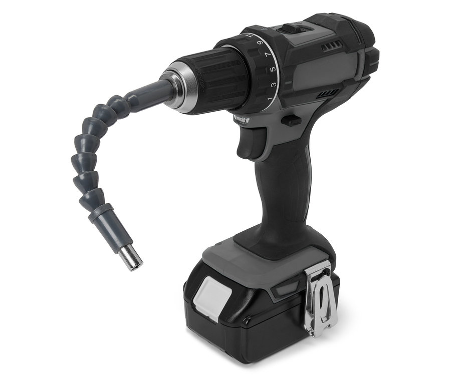 Esnek Flexible Bohrererweiterung başlığı olan gri bir elektrikli matkabın ayrıntısı.