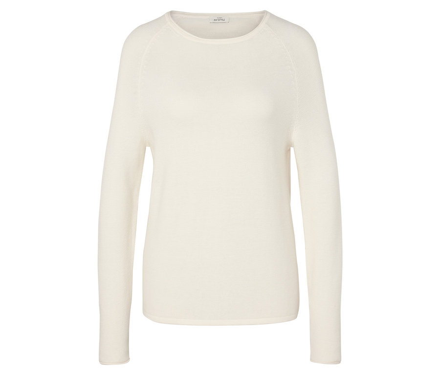 Krem rengi, uzun kollu kazak.