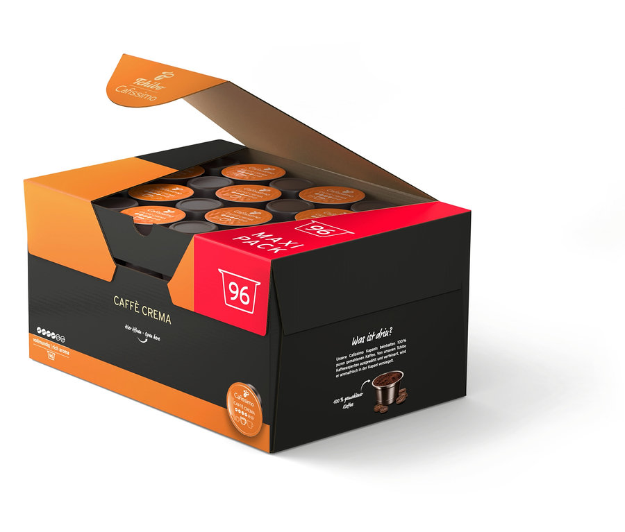 Açılmış 96 kapsüllük Cafissimo Caffè Crema paketi.