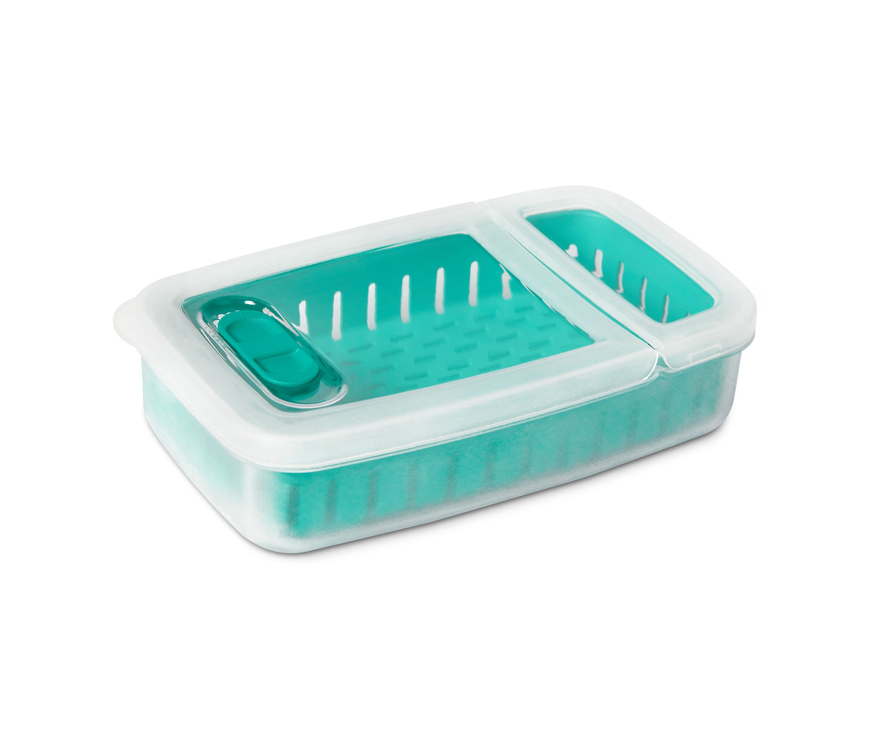 Şeffaf kapaklı ve yeşil iç kısma sahip taze tutan yeşillik kutusunun yakın çekimi.