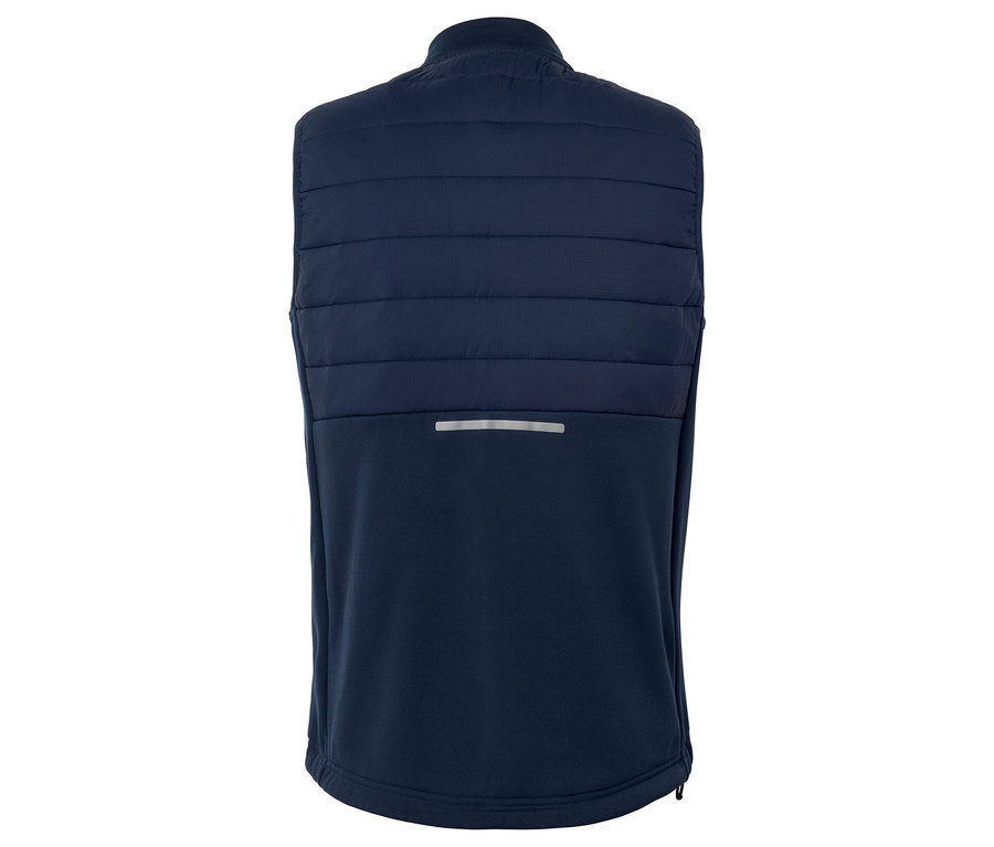 Reflektörlü şeridi olan lacivert kapitone yeleğin arka görünümü.