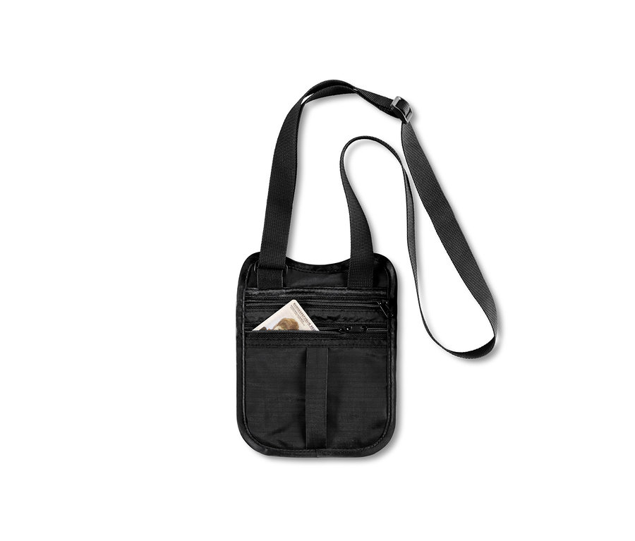 Omuz askılı ve belgeli siyah güvenlik çantası.