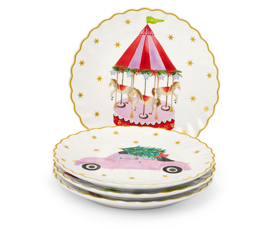 Noel temalı tabak seti: atlıkarınca ve Noel ağacı olan pembe araba.