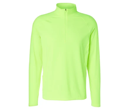 Neon limon rengi, yarım fermuarlı ve dik yakalı uzun kollu termal spor tişörtü.