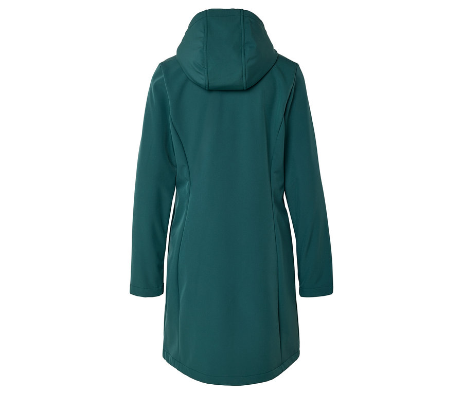 Kapüşonlu zümrüt yeşili softshell ceketin arka görünümü.