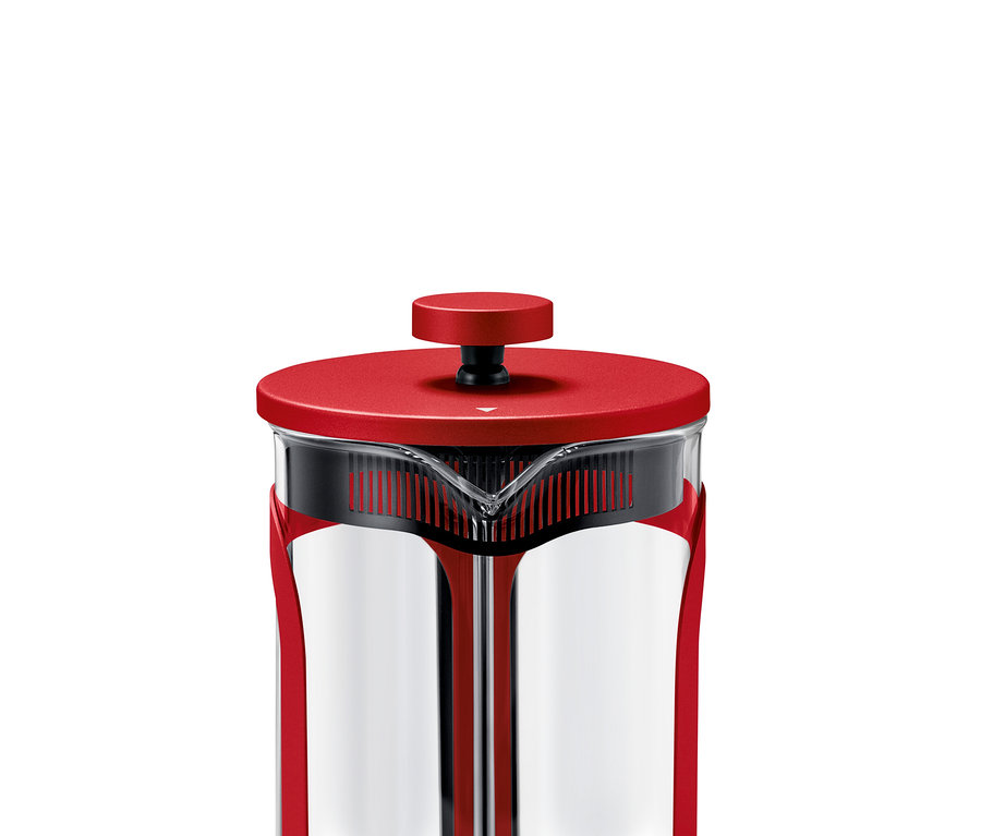Kırmızı renkli, 800 ml hacimli, 6 fincan kapasiteli French Press detay çekimi.