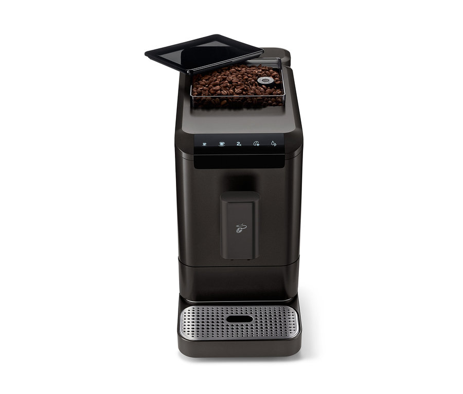 "Esperto2 Caffè" Granit Siyah tam otomatik kahve makinesinin önden görünümü, kahve çekirdeği haznesi açık.